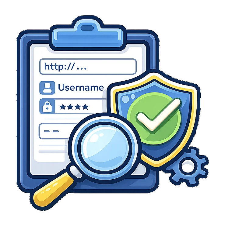 IPTV account validity checker icon showing a secure login form with a shield checkmark and magnifying glass
