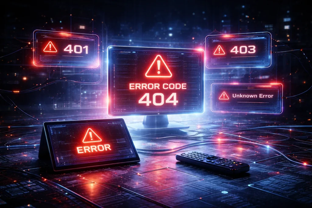 Futuristic digital devices displaying abstract application error states and system warning signals in a high-tech interface environment
