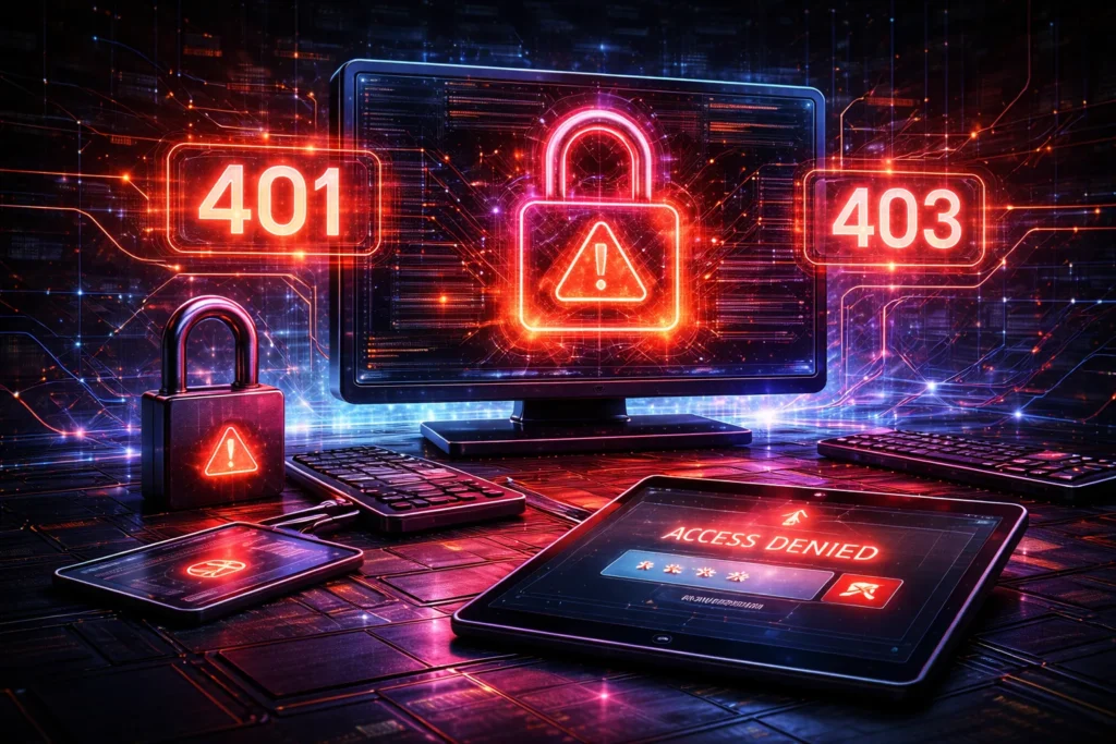 Futuristic digital security scene showing access restrictions and authentication failures across connected IPTV devices in a high-tech environment
