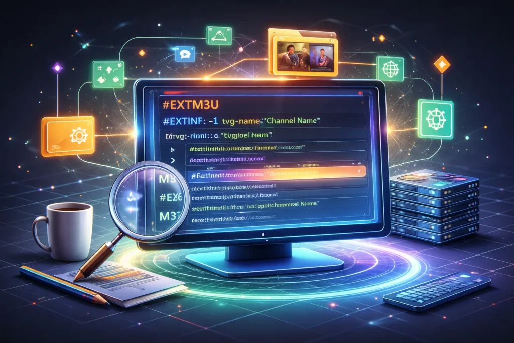 Illustration showing the basic structure of an IPTV M3U playlist with playlist lines, metadata elements, and stream references displayed on a screen