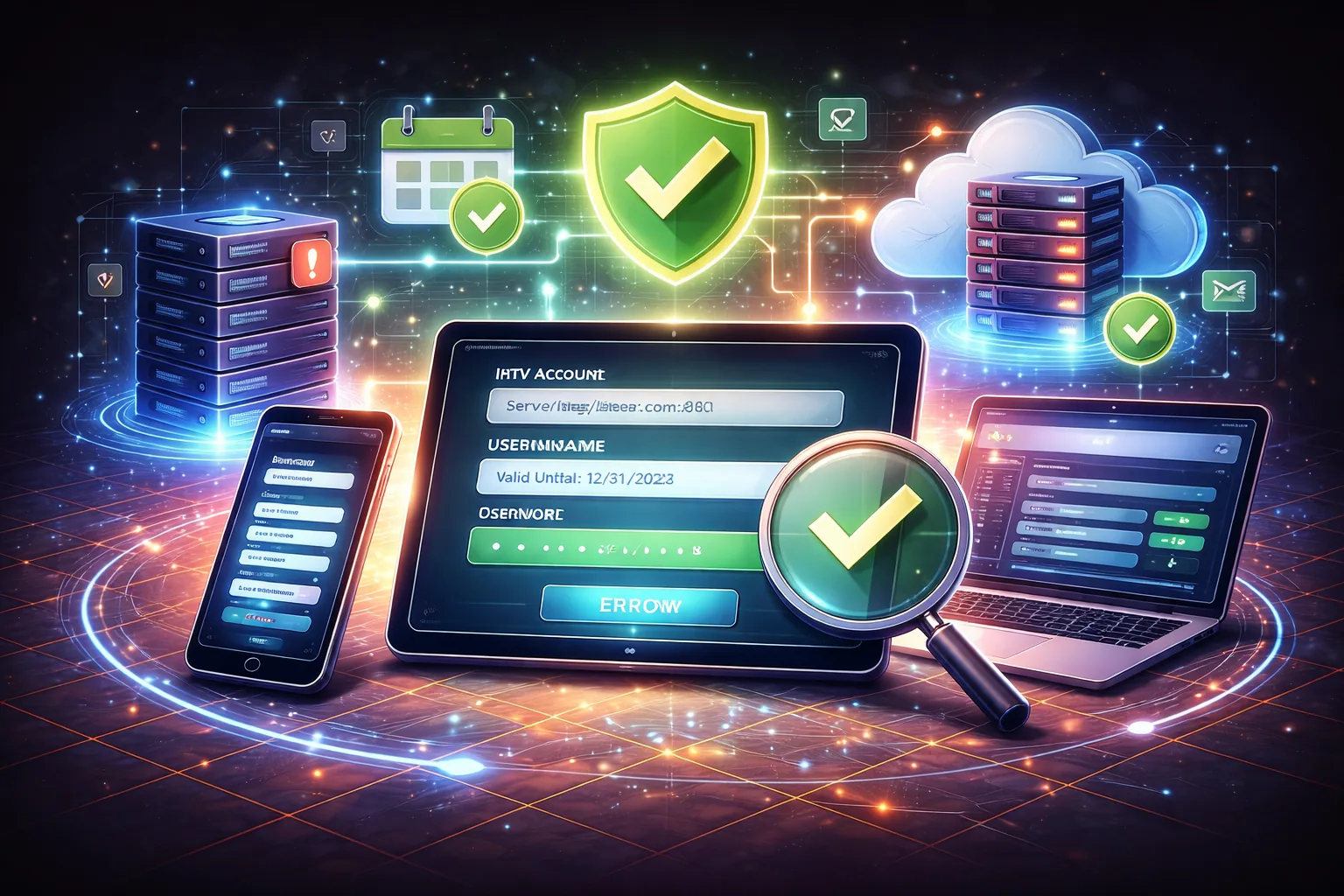 Illustration showing an IPTV account status check with a secure login panel, verification indicators, and active connection validation across devices