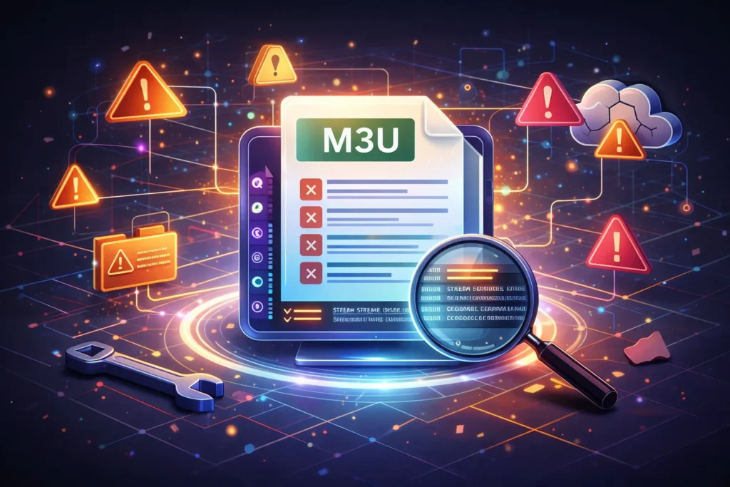 Illustration showing common IPTV M3U playlist issues with warning symbols, error indicators, and broken stream references around a playlist file

