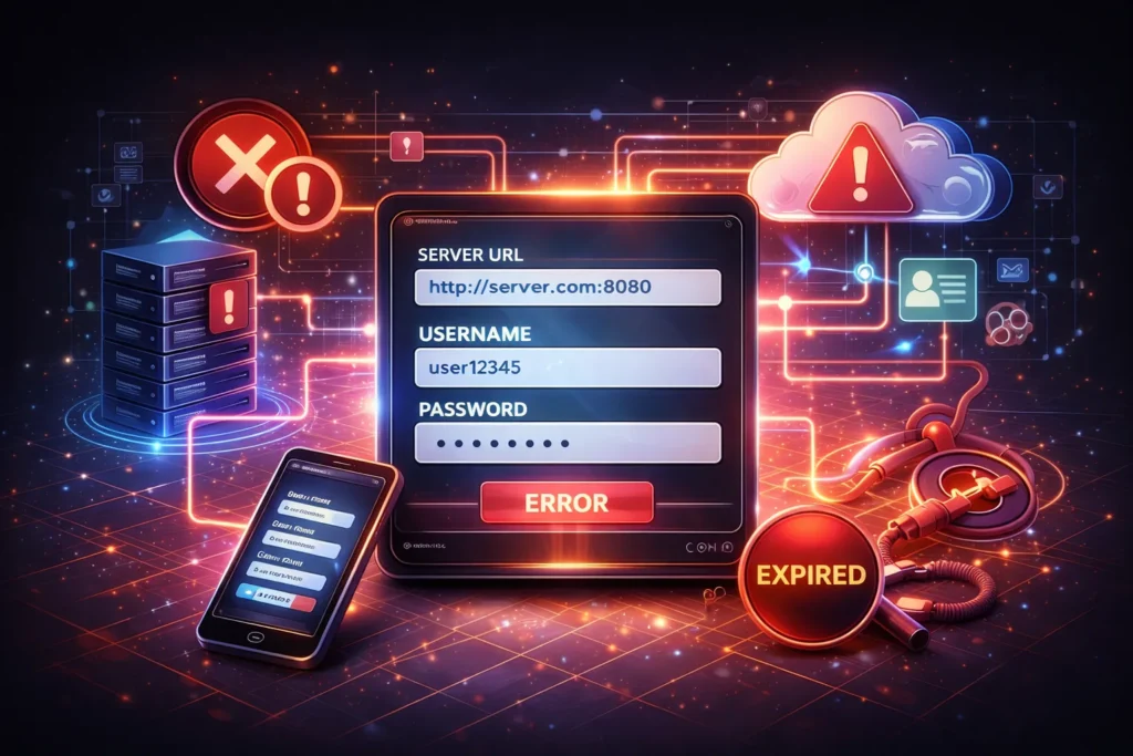 Illustration showing common Xtream Codes login issues such as expired accounts, server connection errors, and authentication failures across IPTV devices
