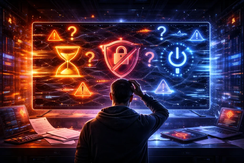 Futuristic illustration showing user confusion around IPTV account statuses, with mixed warning symbols, unclear system indicators, and overlapping error states on a digital interface

