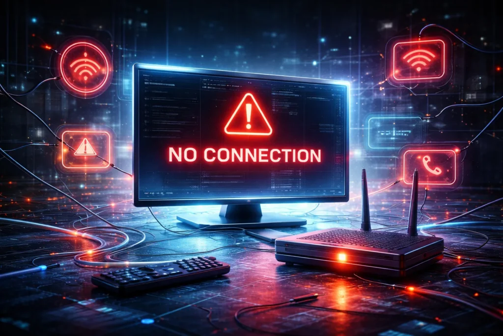 Futuristic network setup showing disrupted connectivity between devices, router, and digital interfaces in a high-tech environment

