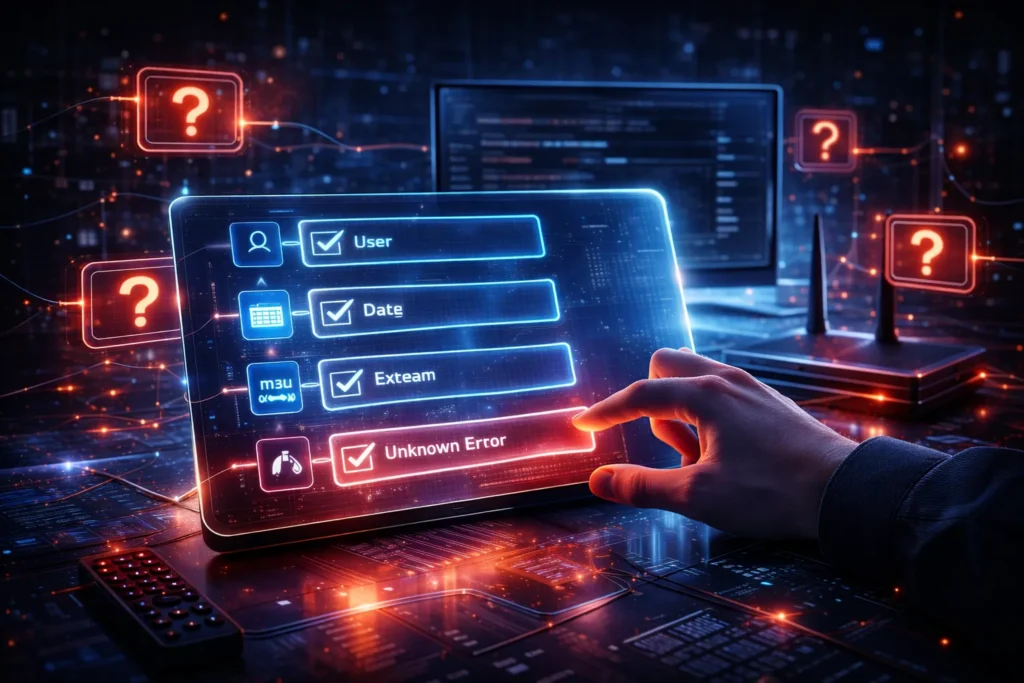 Futuristic troubleshooting interface showing a step-by-step diagnostic process across IPTV devices and network elements in a high-tech environment
