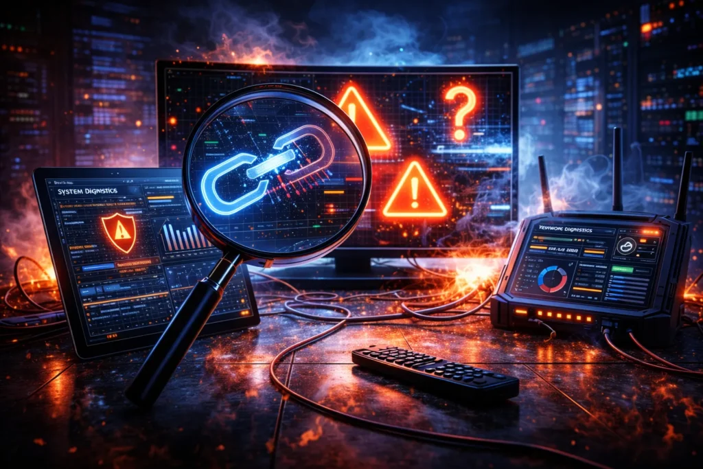 Futuristic troubleshooting scene showing the diagnosis of IPTV streaming problems using connected devices, network equipment, and system analysis tools

