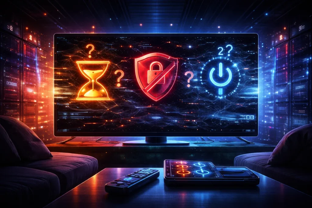 Futuristic illustration showing IPTV applications displaying different account statuses through abstract system icons, error indicators, and device interfaces
