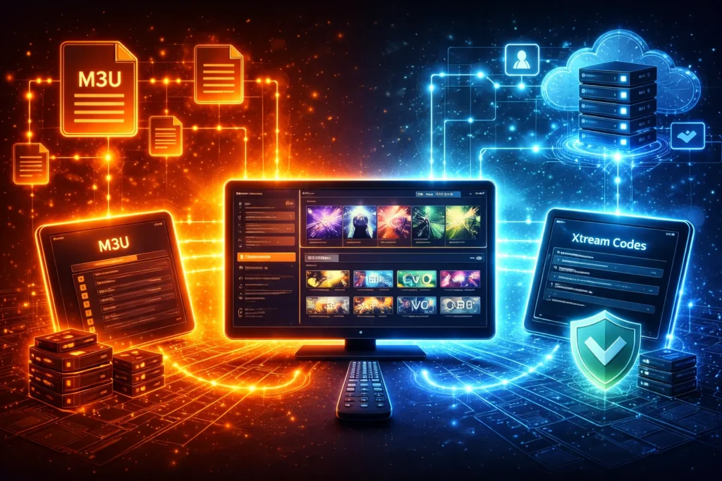 Illustration showing IPTV applications processing different access formats, with visual data flow from M3U playlists and Xtream Codes into a unified app interface
