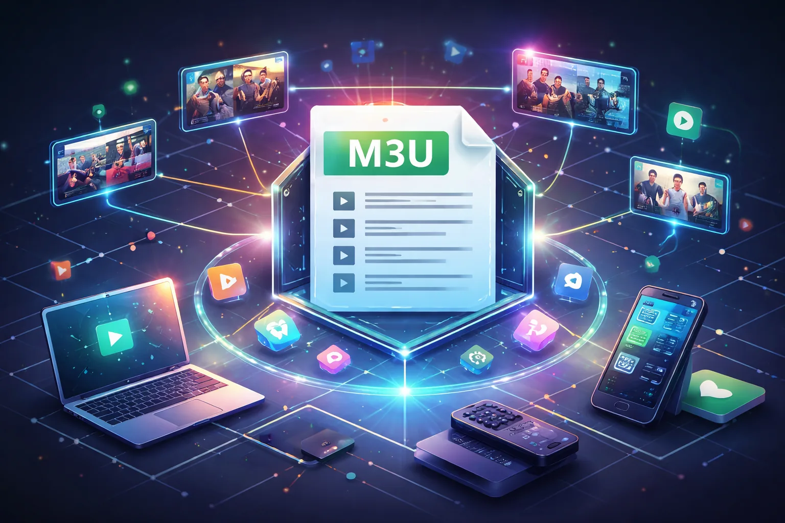 Illustration showing an IPTV M3U playlist connecting multiple devices and media streams in a networked layout