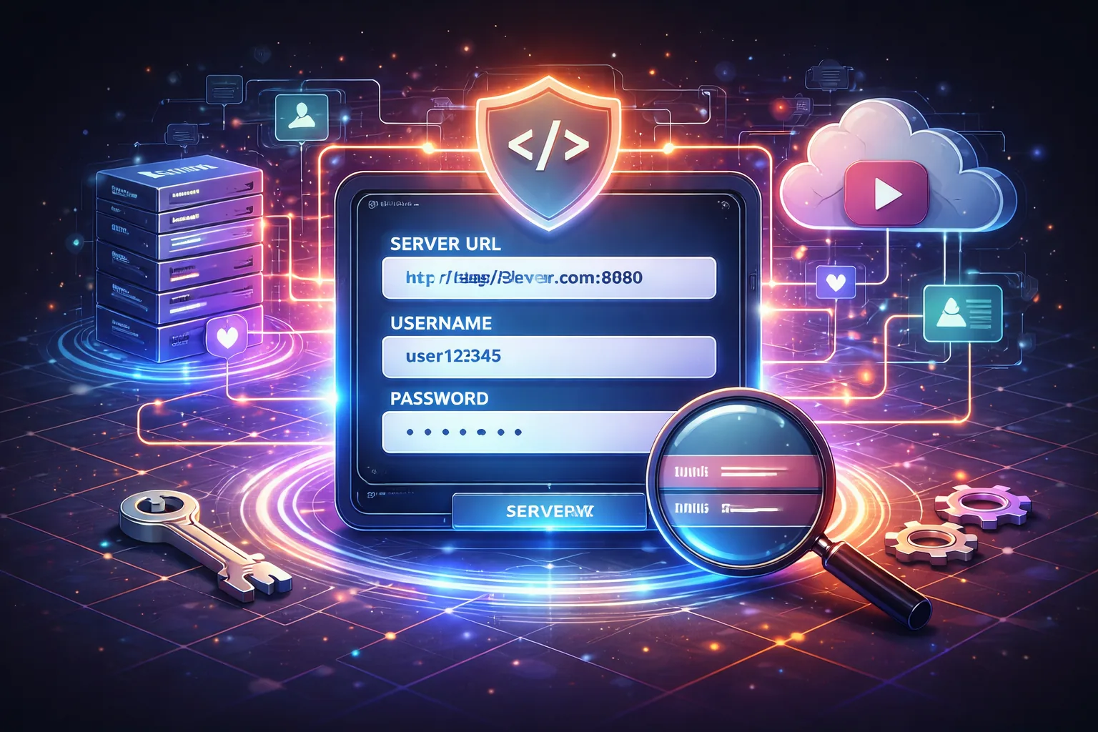 Illustration showing an IPTV Xtream Codes login system with server connection, authentication elements, and structured data flow between devices