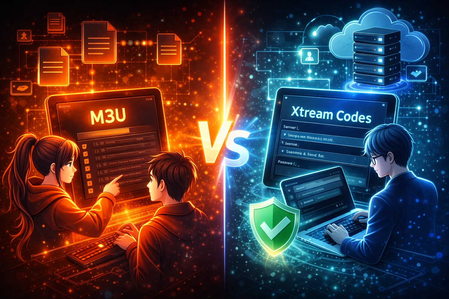Futuristic illustration comparing M3U playlists and Xtream Codes with anime-style characters interacting with two different IPTV access systems and data flows