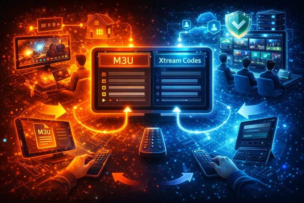 Futuristic illustration showing different IPTV use cases with users choosing between M3U playlists and Xtream Codes based on device type and usage scenario
