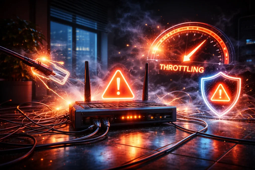 Futuristic home network scene showing router instability, disrupted internet connectivity, and ISP-related interference affecting IPTV streaming
