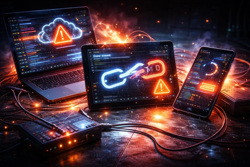 Futuristic IPTV setup showing broken playlist links and configuration problems across multiple connected devices in a high-tech environment
