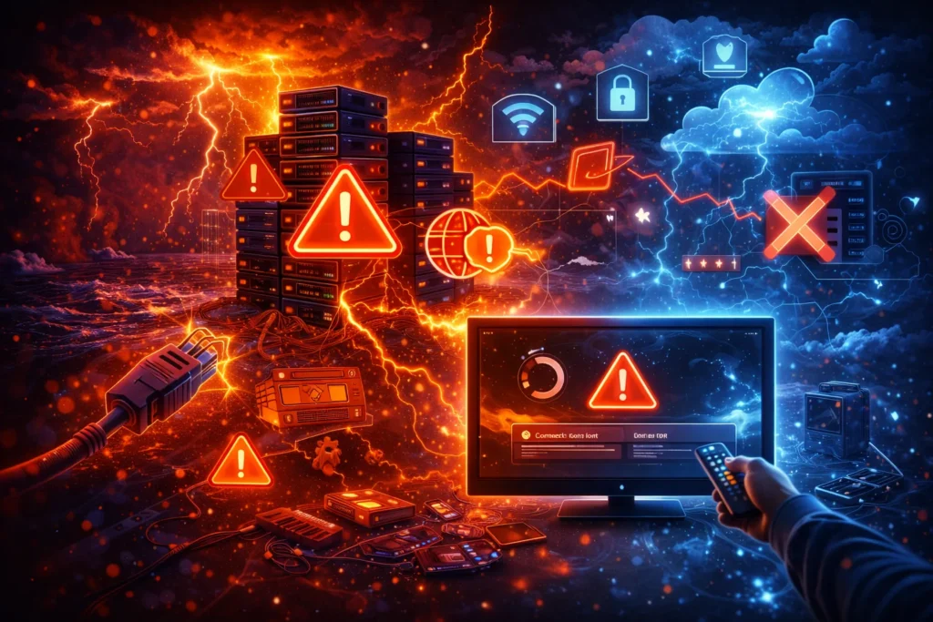 Futuristic illustration showing disrupted server connectivity with broken network links, unstable data flow, and IPTV devices affected by network issues
