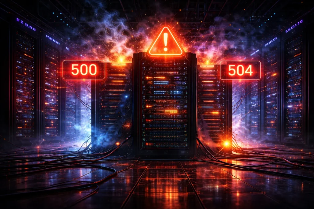 Futuristic data center scene showing server infrastructure failures and system instability across interconnected racks in a high-tech environment
