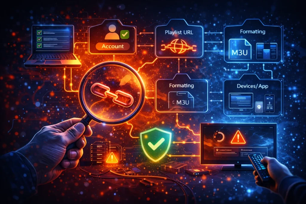 Futuristic illustration showing safe troubleshooting of IPTV playlist issues with visual inspection of data links, account validation, formatting checks, and device compatibility
