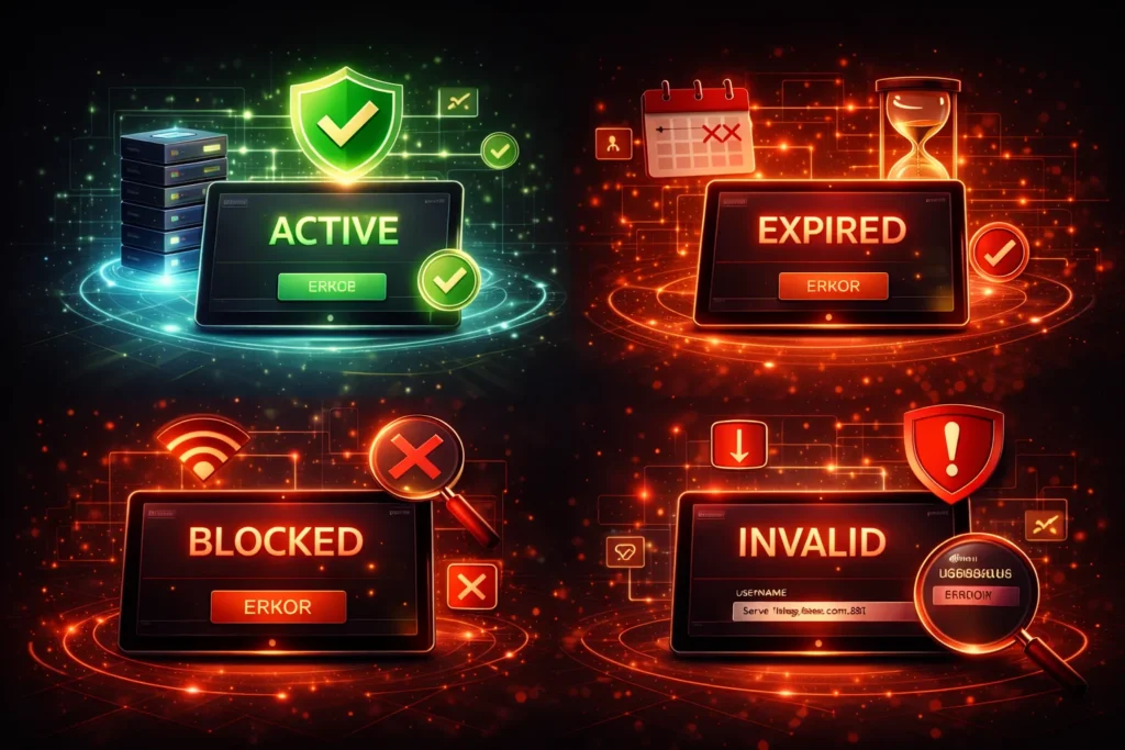 Illustration showing different IPTV account status outcomes such as active, expired, restricted, and invalid displayed through visual indicators