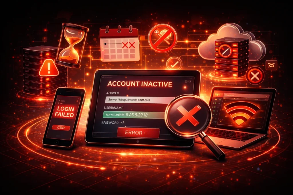 Illustration showing common reasons IPTV accounts expire or stop working, including time limits, connection restrictions, and server access issues
