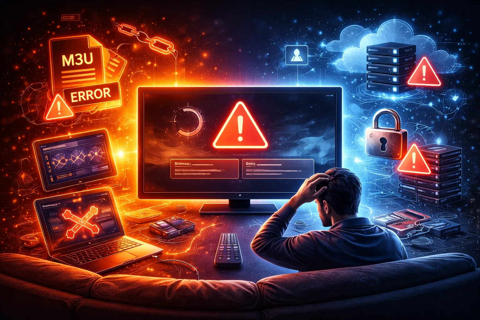 Futuristic illustration showing an IPTV playlist failing to load, with broken data connections, error indicators, and disrupted stream pathways across devices