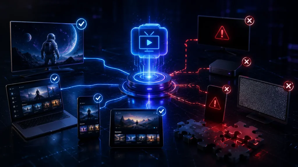 Wide futuristic illustration showing IPTV login issues caused by app compatibility problems across different devices, with working and failing systems divided by glowing digital glitches and error signals.