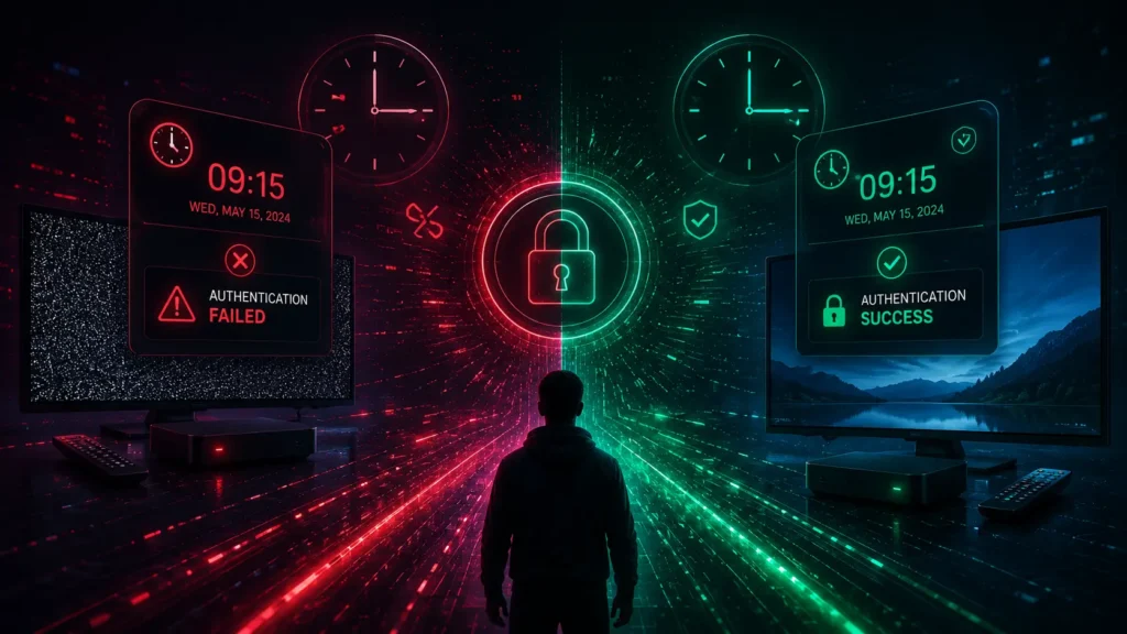 Wide futuristic cyber-tech illustration showing IPTV authentication failing due to incorrect device time and date settings, with split red and green digital environments representing failed and successful login synchronization.