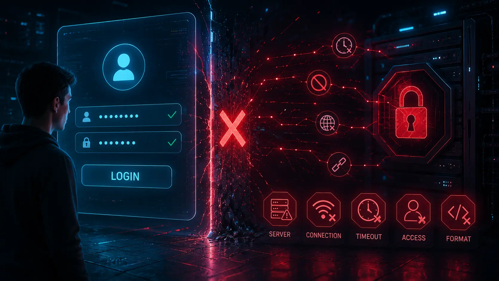 Wide futuristic cyberpunk illustration showing an IPTV login system rejecting valid credentials due to server, timeout, format, and connection issues with glowing holographic security visuals.